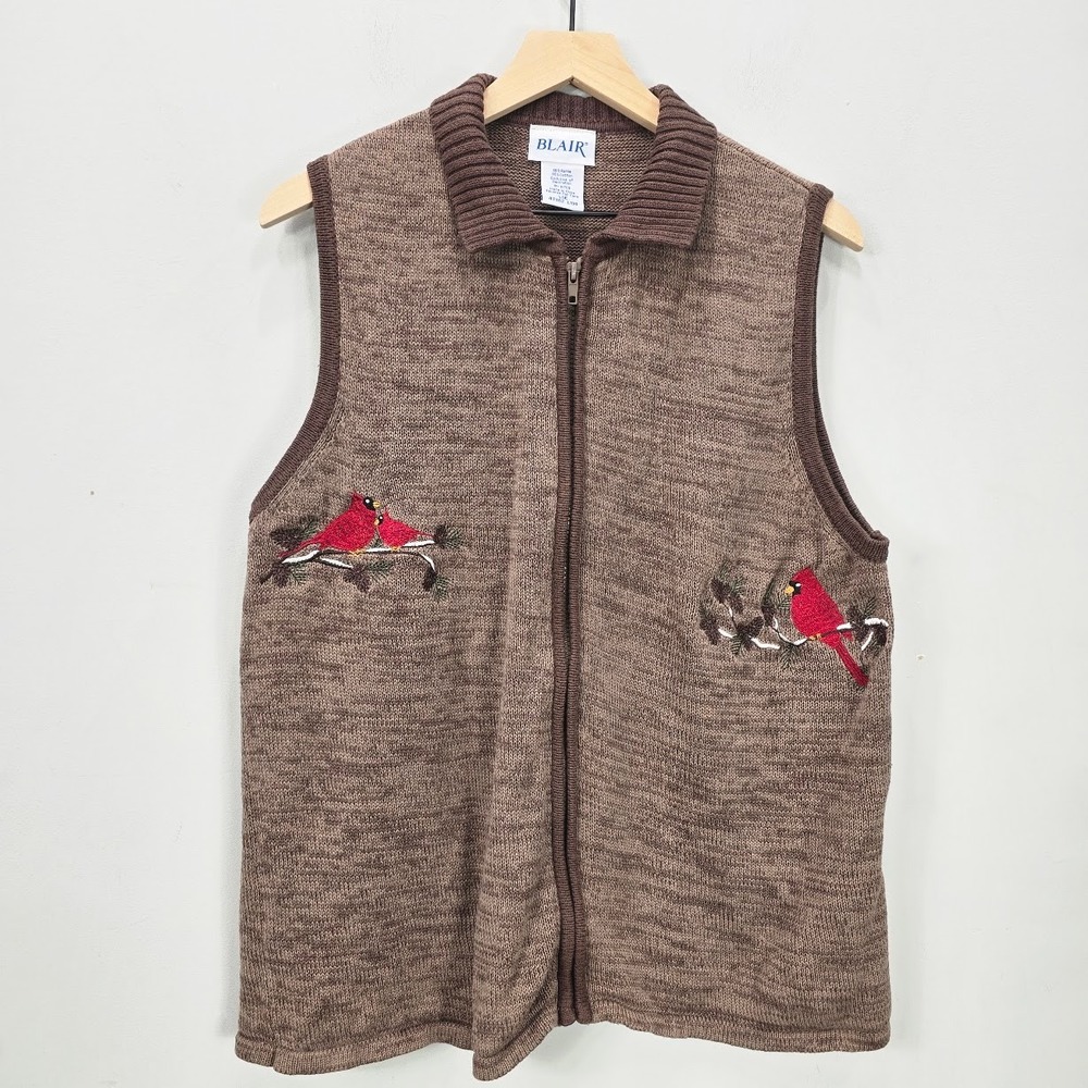 Vintage Blair Knit Sweater Vest Large Brown Ramie Embroidered Christmas Holiday
